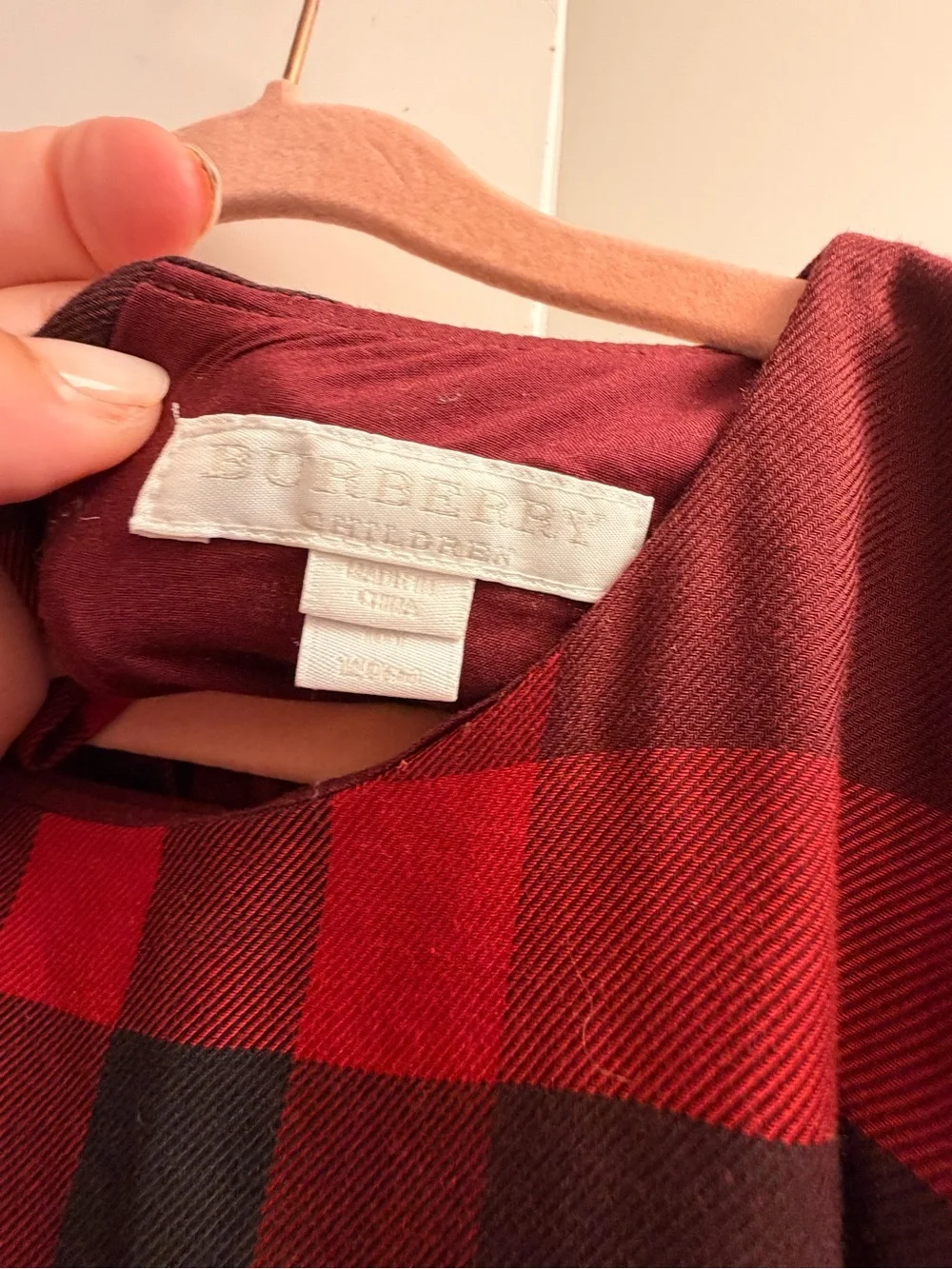 Girls Burberry Red Plaid Long Sleeve Holiday Dress